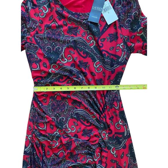 NEW Lauren Ralph Lauren Womens 4 Red Paisley Ruched Knee Length Stretch Lined - Picture 3 of 11